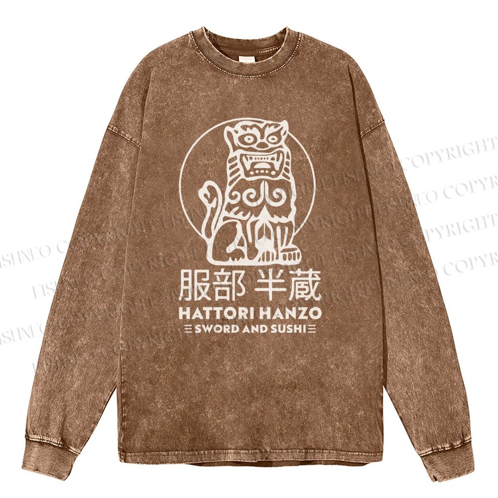 Unisex Casual Washed Hattori Hanzo Printed Long Sleeve T-shirt