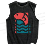 Unisex Sushi Fish Printed Washed Tank Top