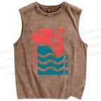 Unisex Sushi Fish Printed Washed Tank Top
