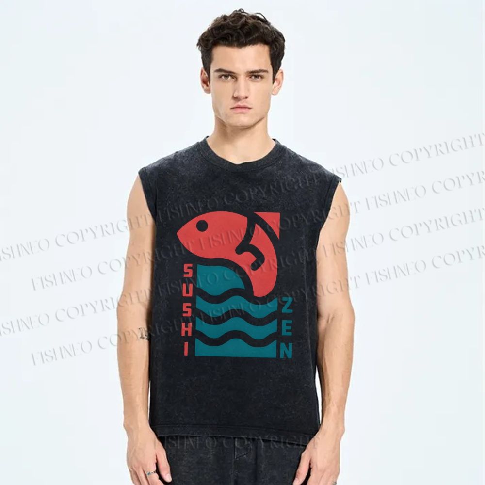 Unisex Sushi Fish Printed Washed Tank Top