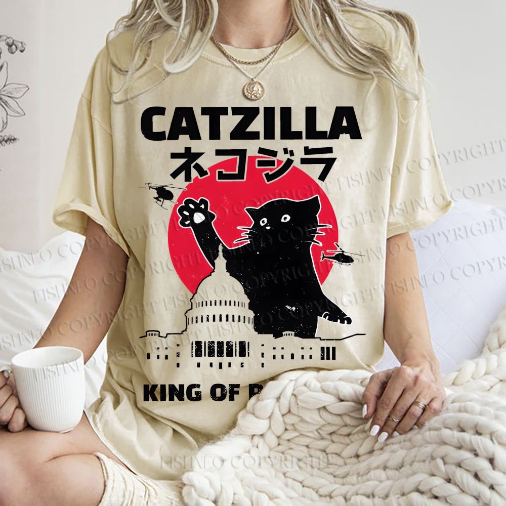 Unisex Catzilla Printed Washed Tee