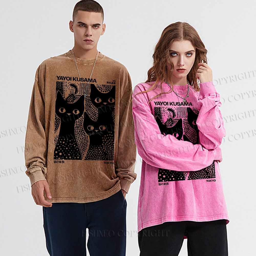 Unisex Casual Japanese Yayoi Kusama Black Cat Washed Printed Long Sleeve T-shirt