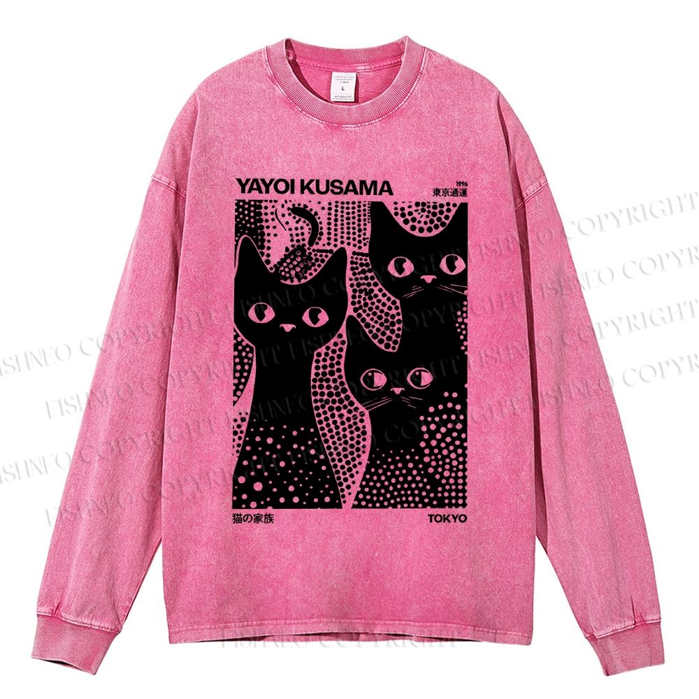 Unisex Casual Japanese Yayoi Kusama Black Cat Washed Printed Long Sleeve T-shirt