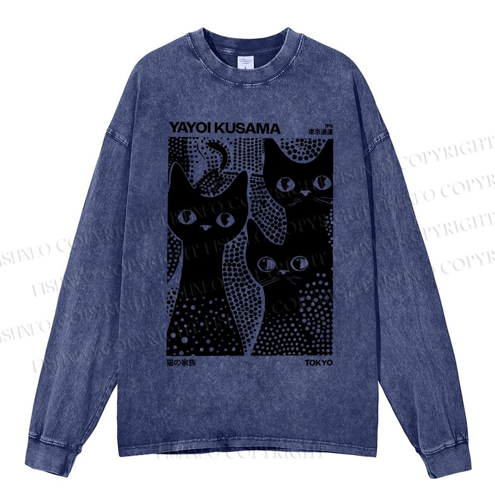 Unisex Casual Japanese Yayoi Kusama Black Cat Washed Printed Long Sleeve T-shirt