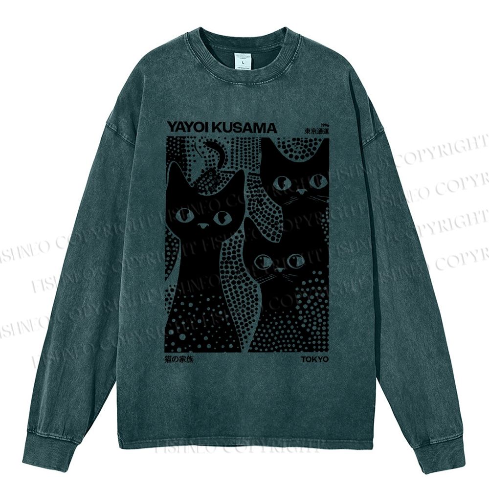 Unisex Casual Japanese Yayoi Kusama Black Cat Washed Printed Long Sleeve T-shirt