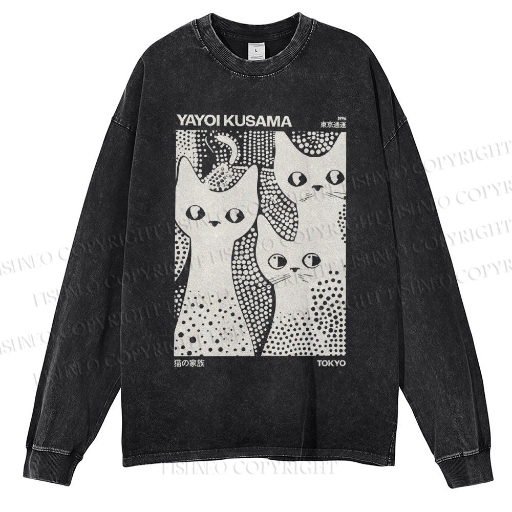 Unisex Casual Japanese Yayoi Kusama Black Cat Washed Printed Long Sleeve T-shirt