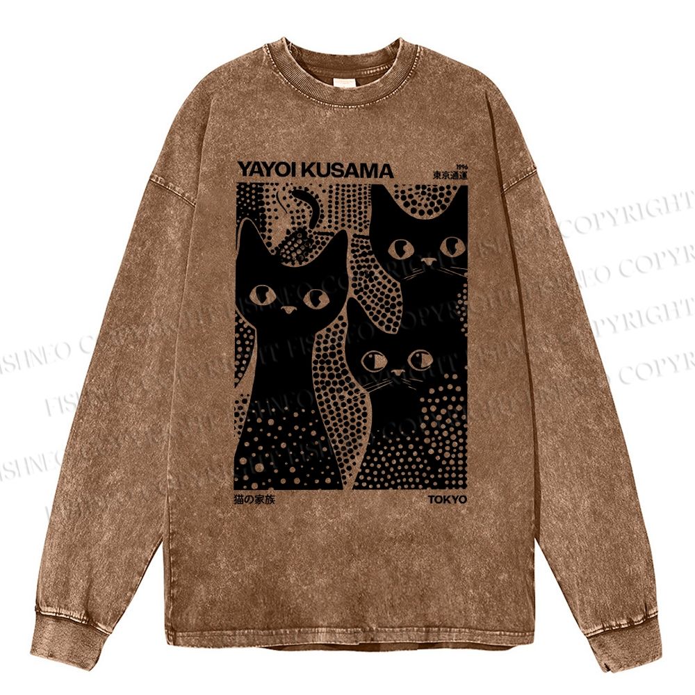 Unisex Casual Japanese Yayoi Kusama Black Cat Washed Printed Long Sleeve T-shirt