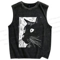 Unisex Vintage Cat Graffiti Printed Washed Tank Top