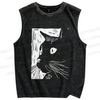 Unisex Vintage Cat Graffiti Printed Washed Tank Top