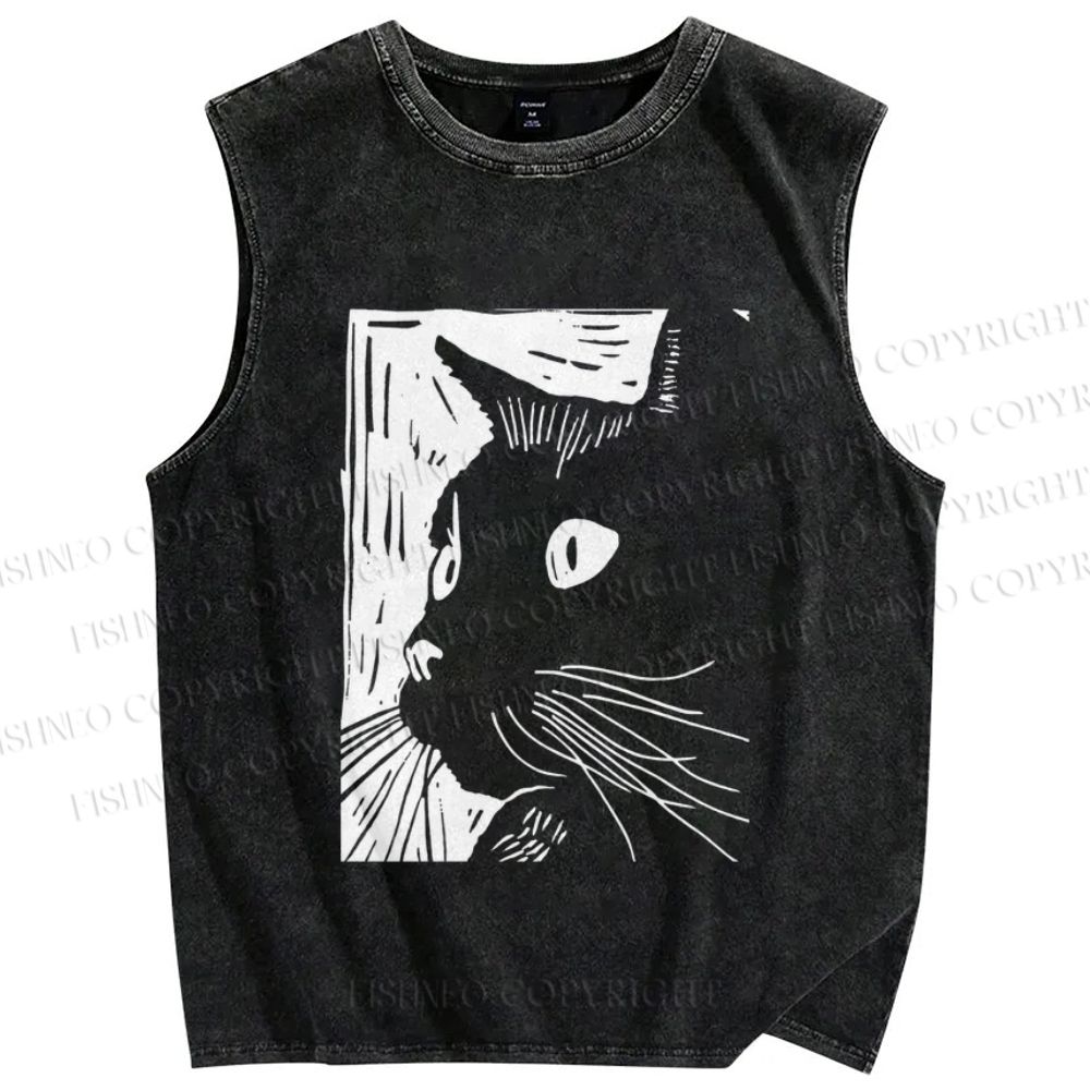 Unisex Vintage Cat Graffiti Printed Washed Tank Top