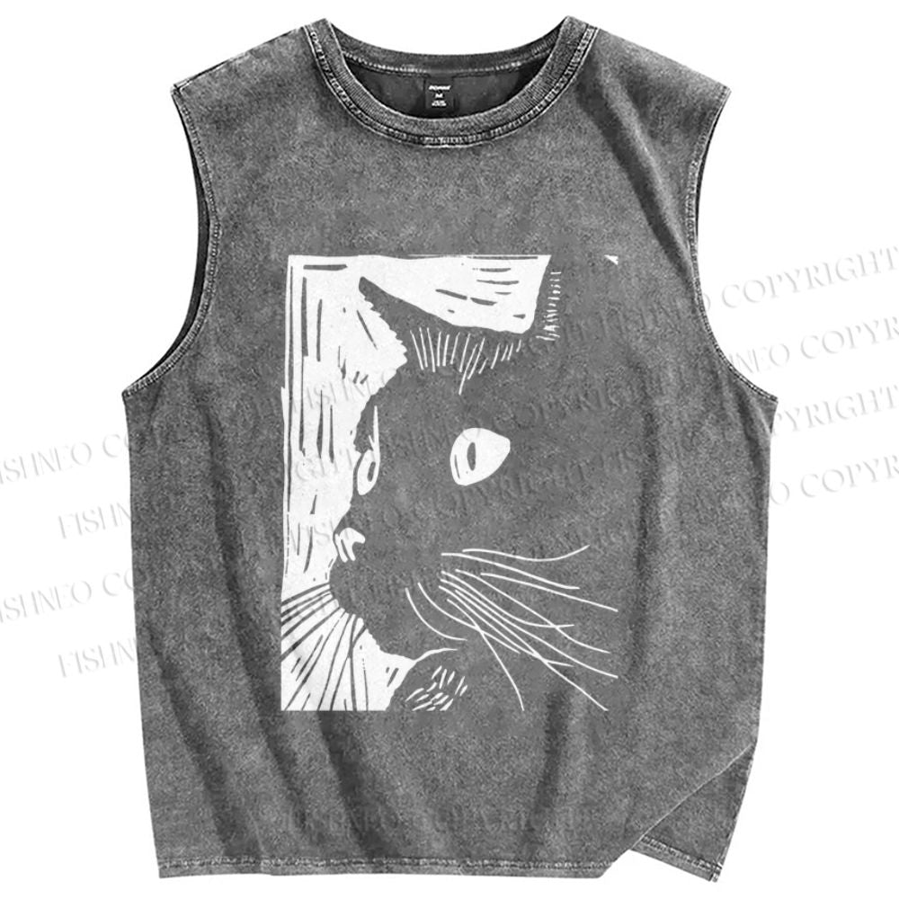 Unisex Vintage Cat Graffiti Printed Washed Tank Top