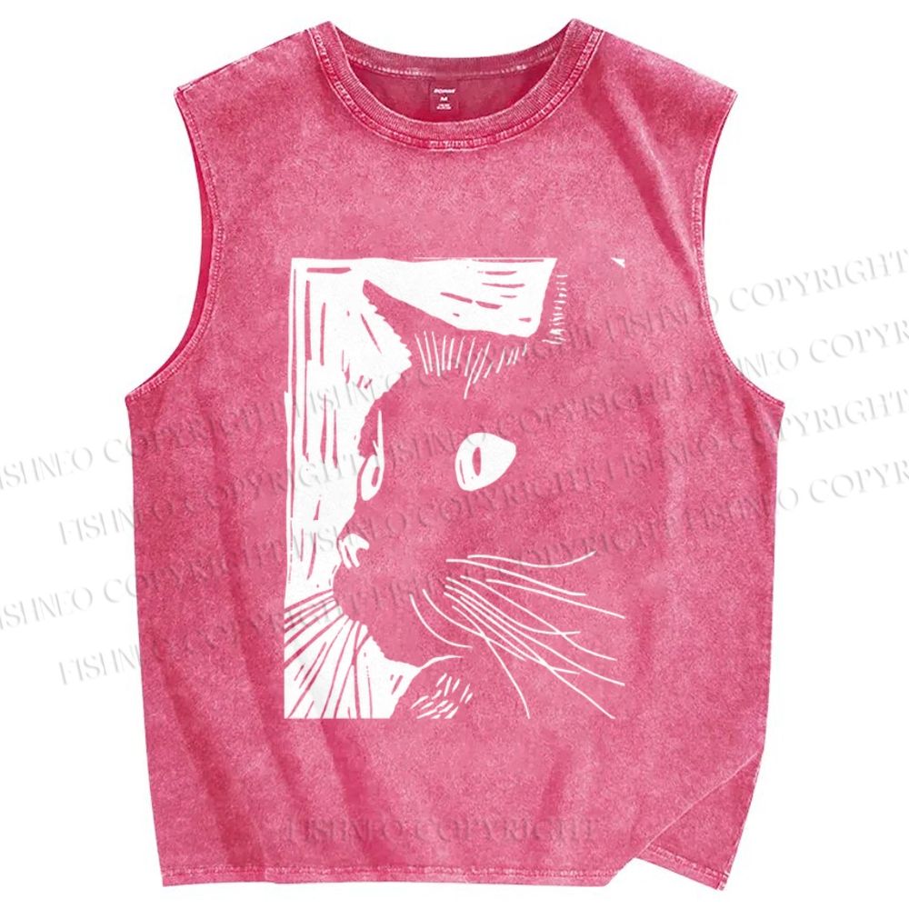 Unisex Vintage Cat Graffiti Printed Washed Tank Top
