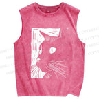 Unisex Vintage Cat Graffiti Printed Washed Tank Top