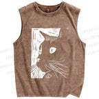 Unisex Vintage Cat Graffiti Printed Washed Tank Top