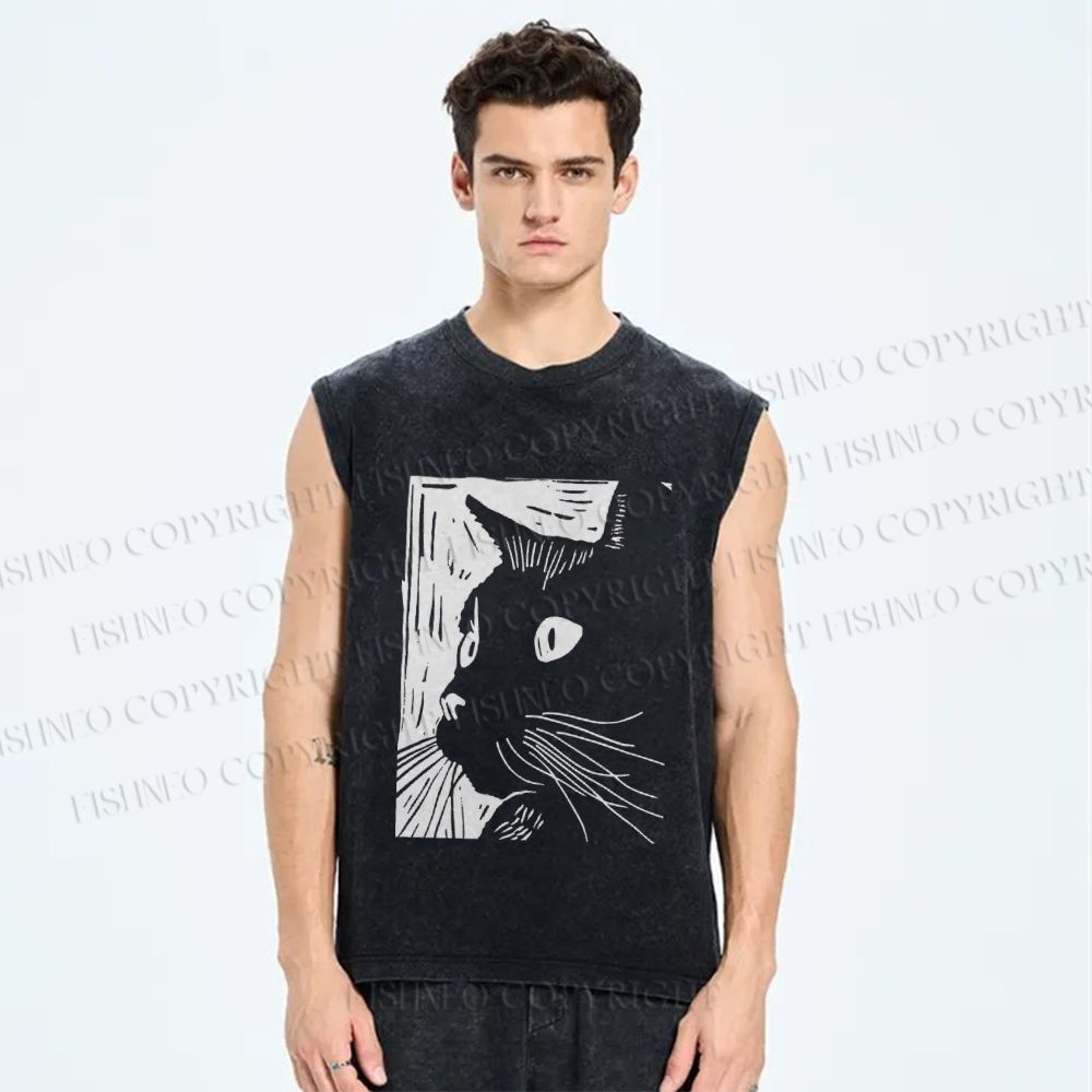 Unisex Vintage Cat Graffiti Printed Washed Tank Top