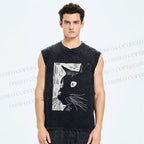 Unisex Vintage Cat Graffiti Printed Washed Tank Top