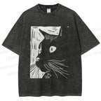 Unisex Vintage Cat Graffiti Printed Washed Tee