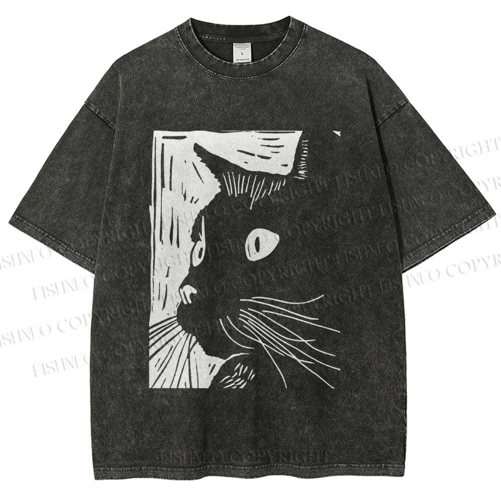Unisex Vintage Cat Graffiti Printed Washed Tee