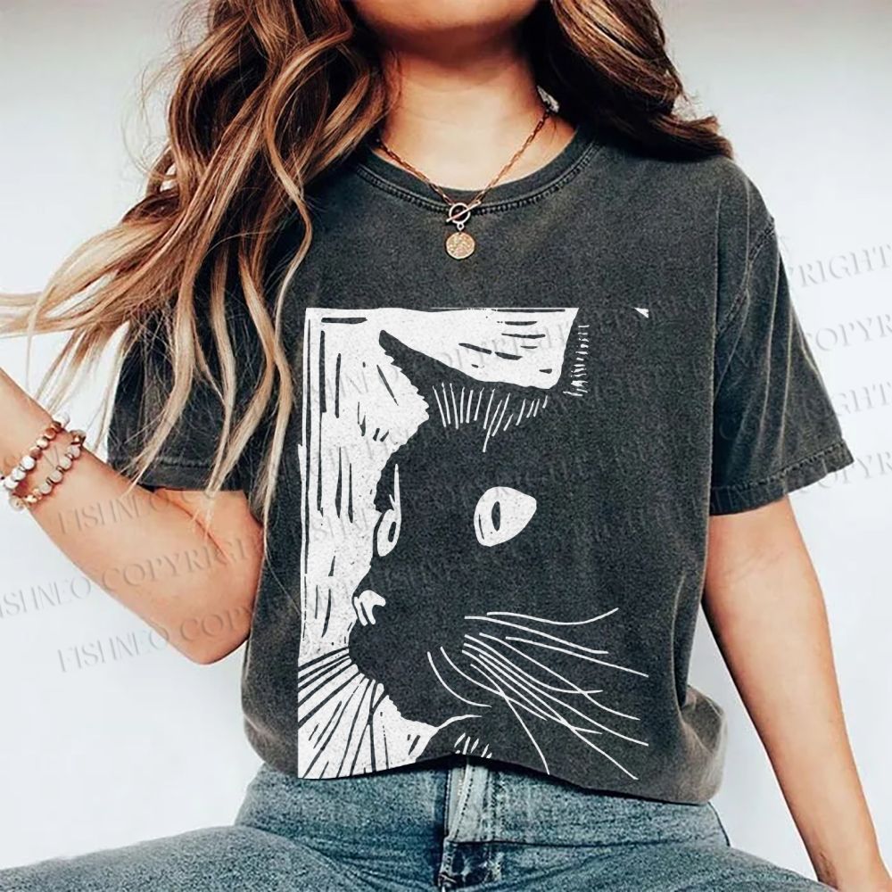 Unisex Vintage Cat Graffiti Printed Washed Tee
