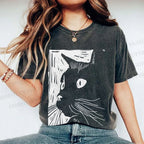 Unisex Vintage Cat Graffiti Printed Washed Tee