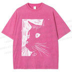 Unisex Vintage Cat Graffiti Printed Washed Tee
