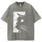 Unisex Vintage Cat Graffiti Printed Washed Tee