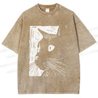 Unisex Vintage Cat Graffiti Printed Washed Tee