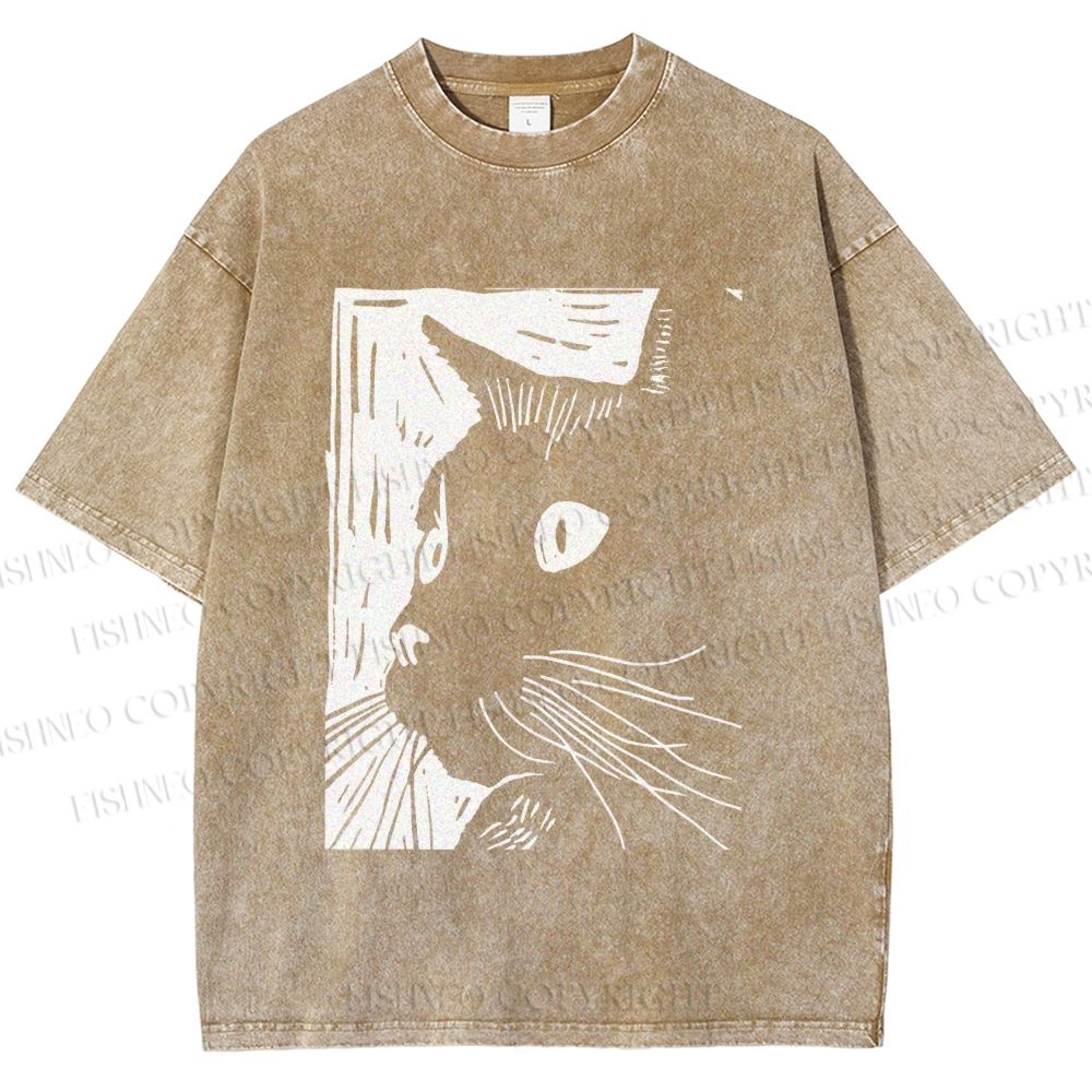 Unisex Vintage Cat Graffiti Printed Washed Tee