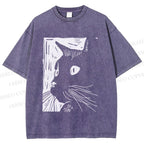 Unisex Vintage Cat Graffiti Printed Washed Tee