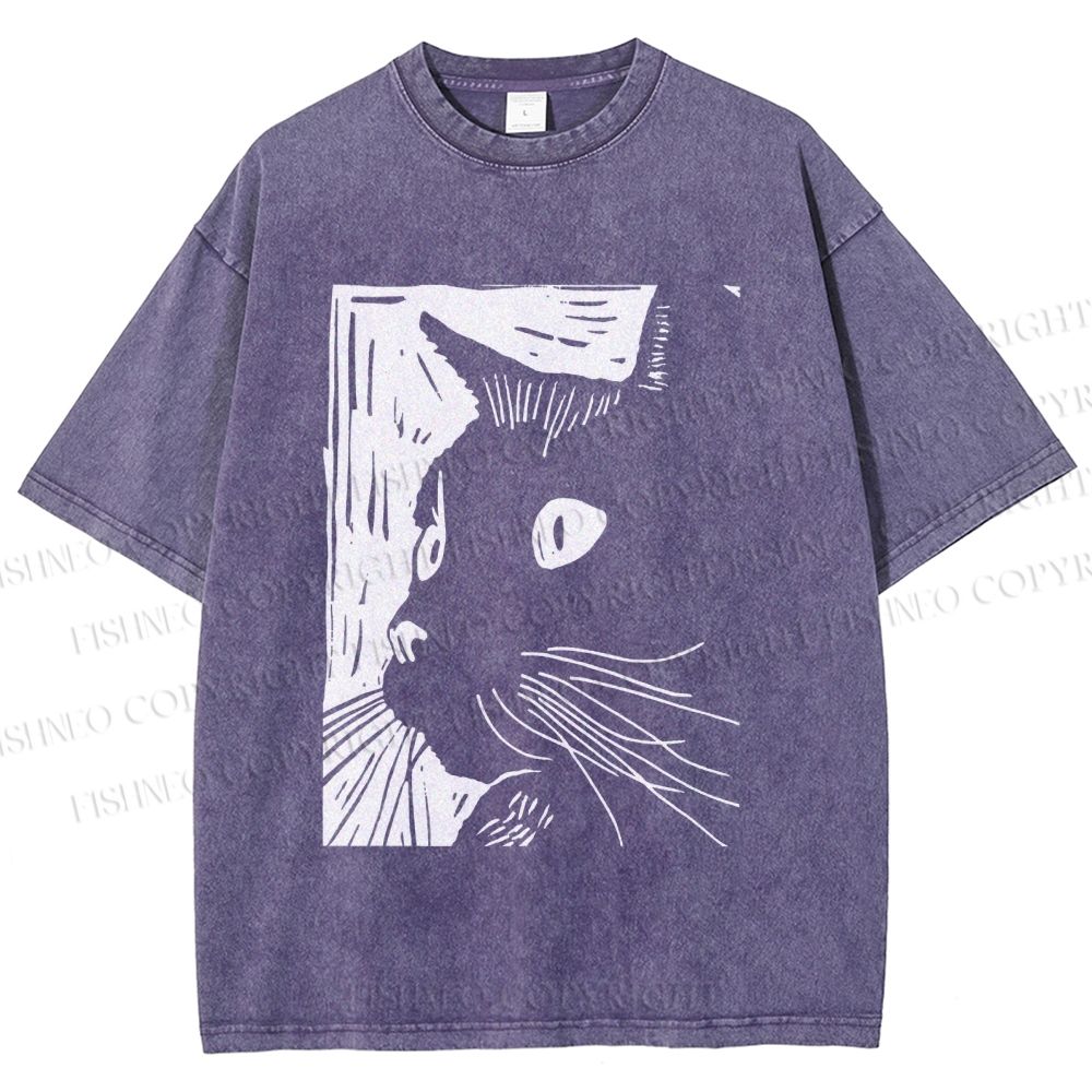 Unisex Vintage Cat Graffiti Printed Washed Tee