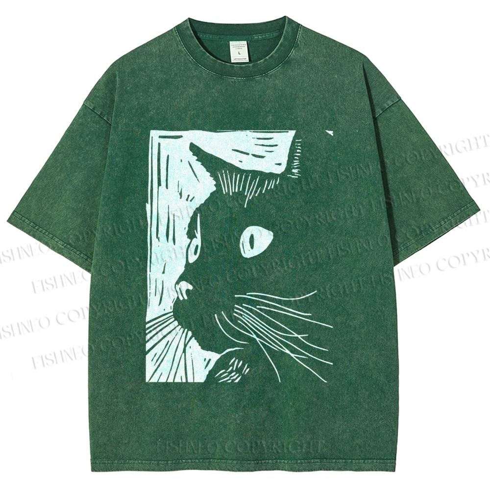 Unisex Vintage Cat Graffiti Printed Washed Tee