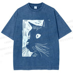 Unisex Vintage Cat Graffiti Printed Washed Tee