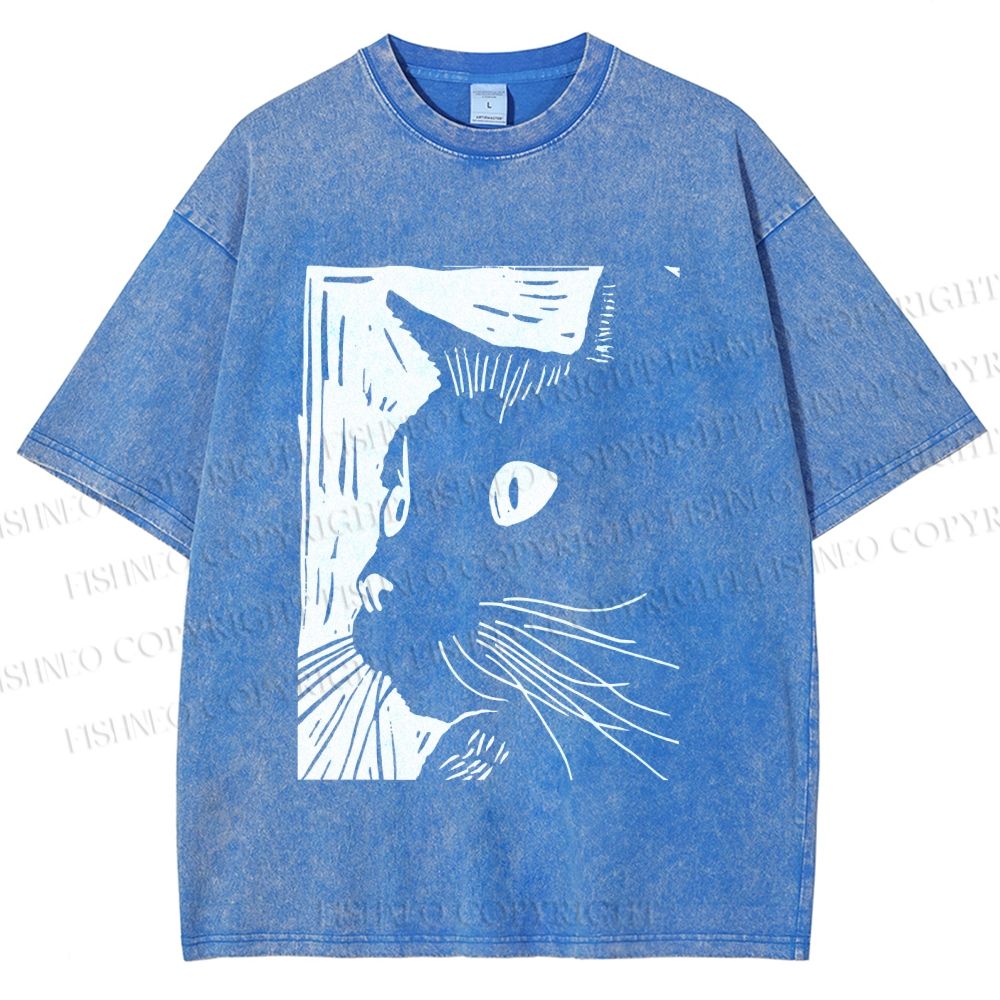 Unisex Vintage Cat Graffiti Printed Washed Tee