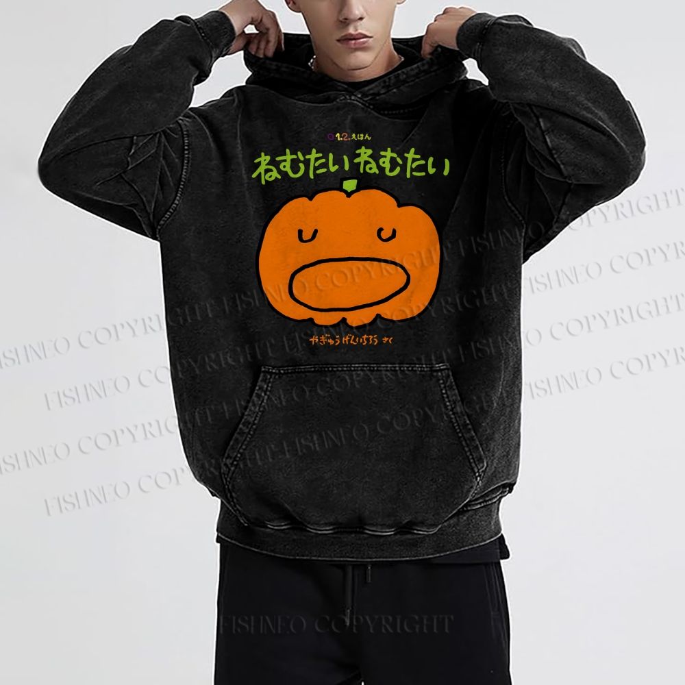 Unisex Casual Japanese Pumpkin Graffiti Printed Washed Hoodie