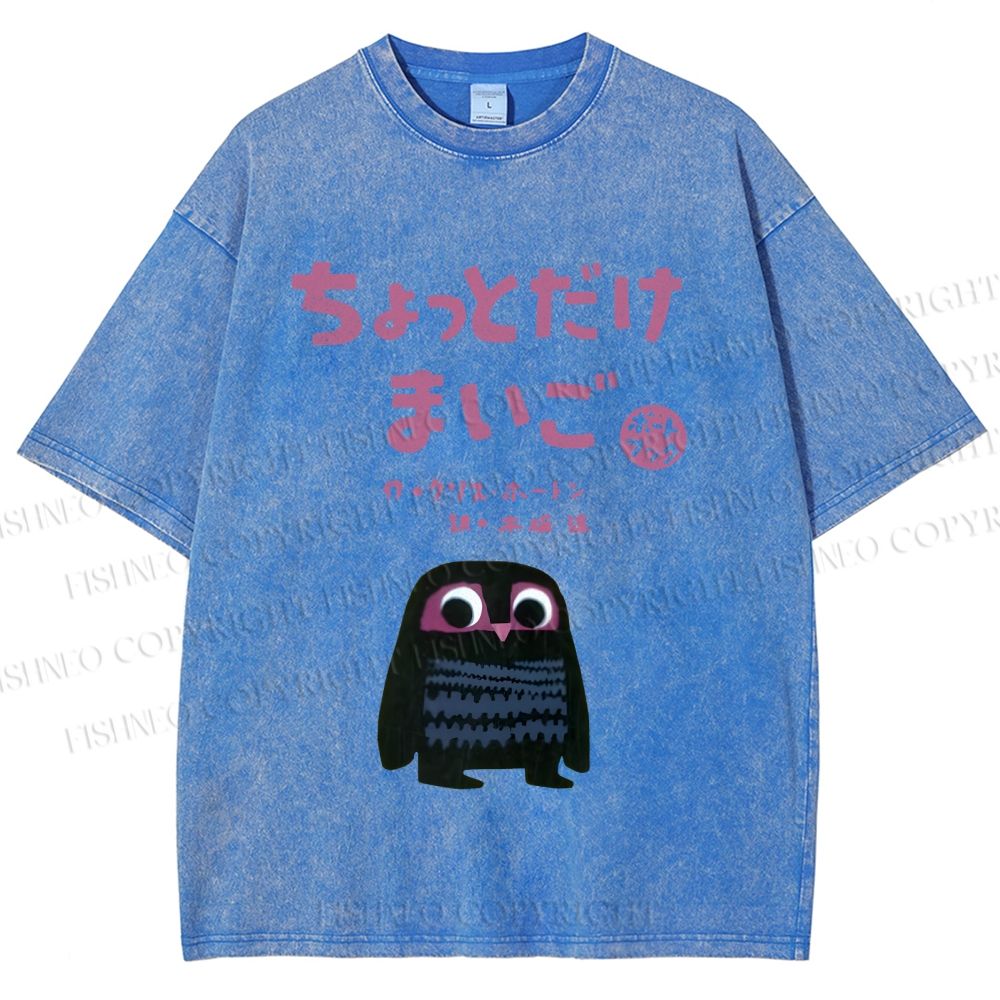 Unisex Vintage Japanese Eagle Bird Printed Washed Tee