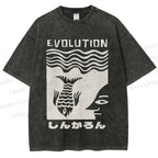 Unisex Vintage Japanese Fish Man Evolution Printed Washed Tee