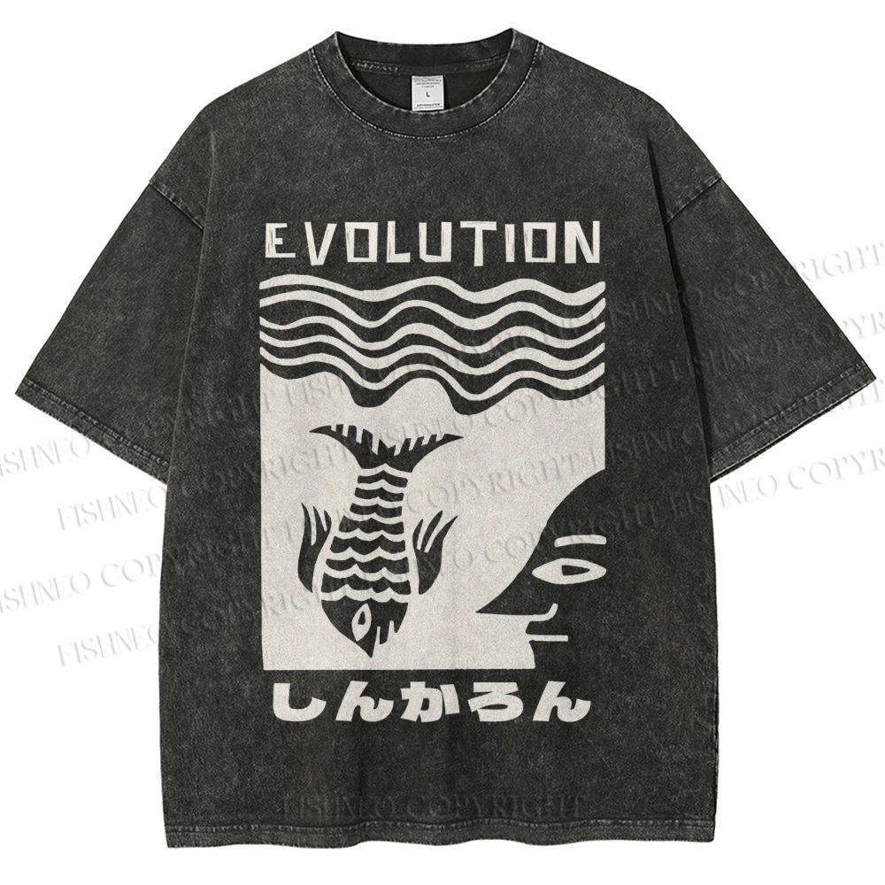 Unisex Vintage Japanese Fish Man Evolution Printed Washed Tee