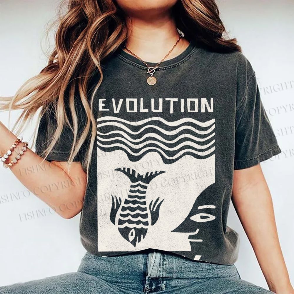 Unisex Vintage Japanese Fish Man Evolution Printed Washed Tee