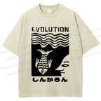 Unisex Vintage Japanese Fish Man Evolution Printed Washed Tee