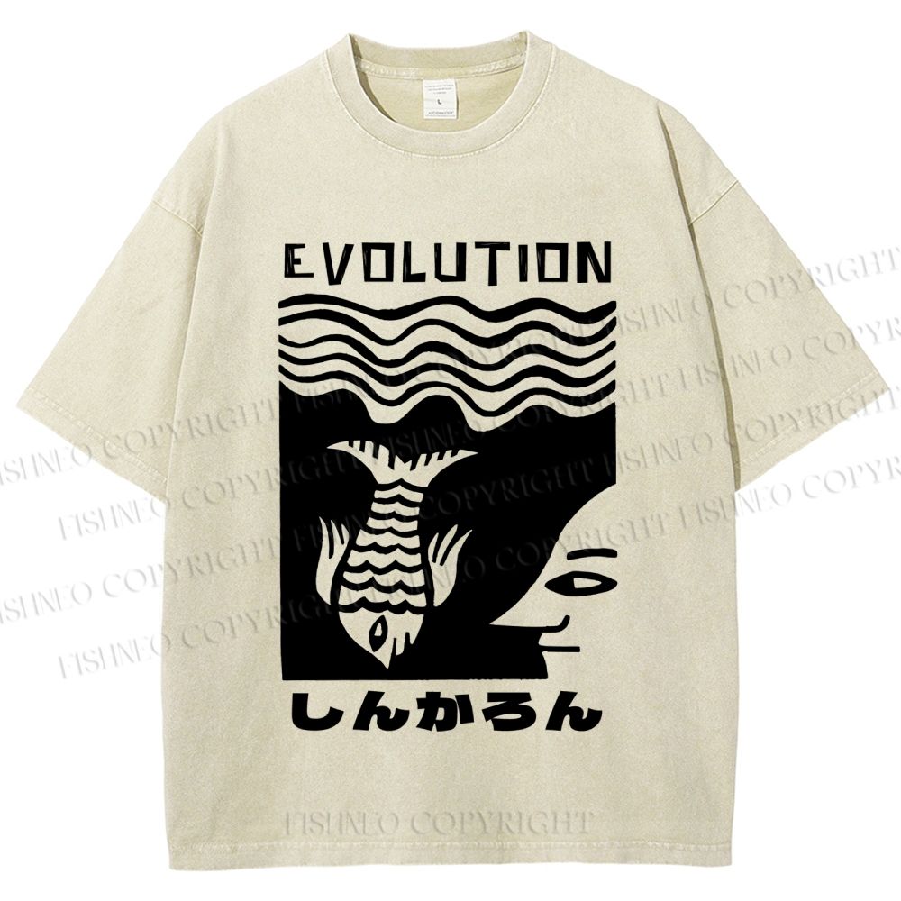 Unisex Vintage Japanese Fish Man Evolution Printed Washed Tee