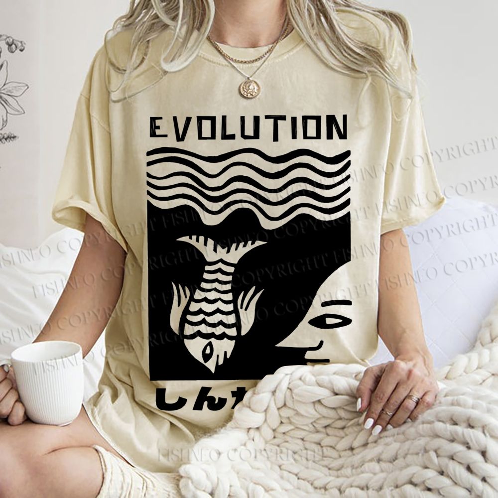 Unisex Vintage Japanese Fish Man Evolution Printed Washed Tee