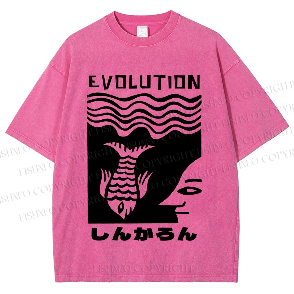 Unisex Vintage Japanese Fish Man Evolution Printed Washed Tee