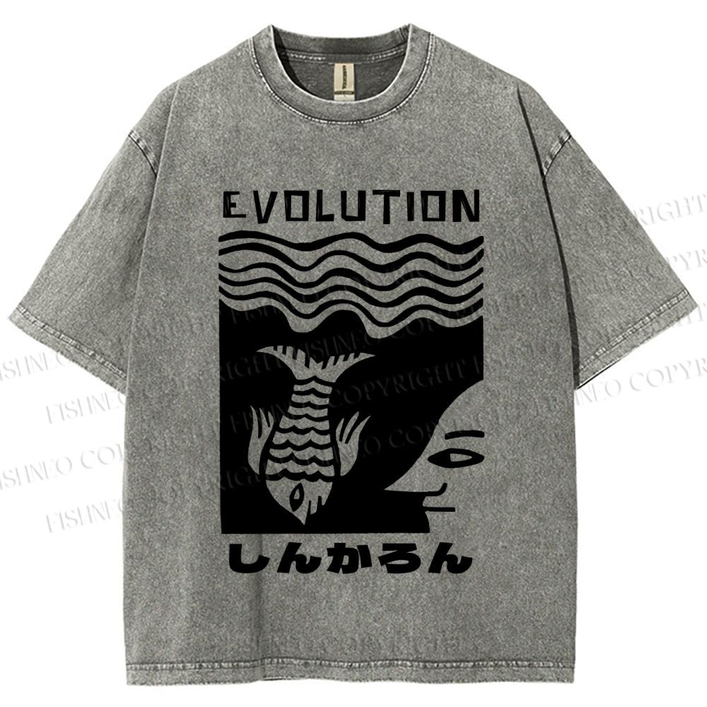 Unisex Vintage Japanese Fish Man Evolution Printed Washed Tee