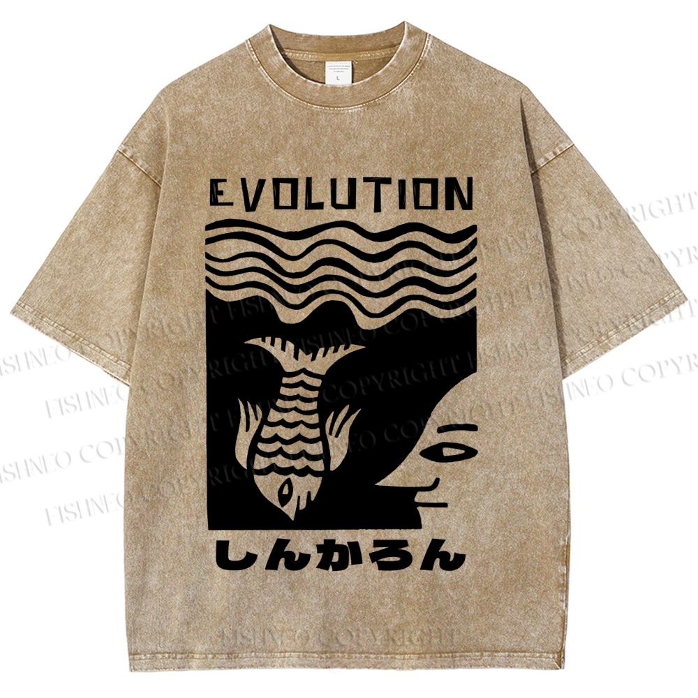 Unisex Vintage Japanese Fish Man Evolution Printed Washed Tee