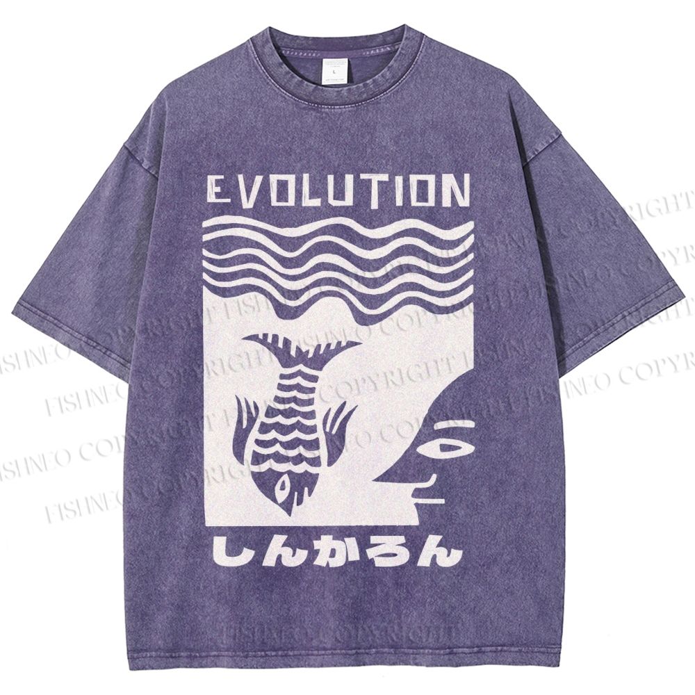 Unisex Vintage Japanese Fish Man Evolution Printed Washed Tee