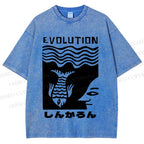 Unisex Vintage Japanese Fish Man Evolution Printed Washed Tee