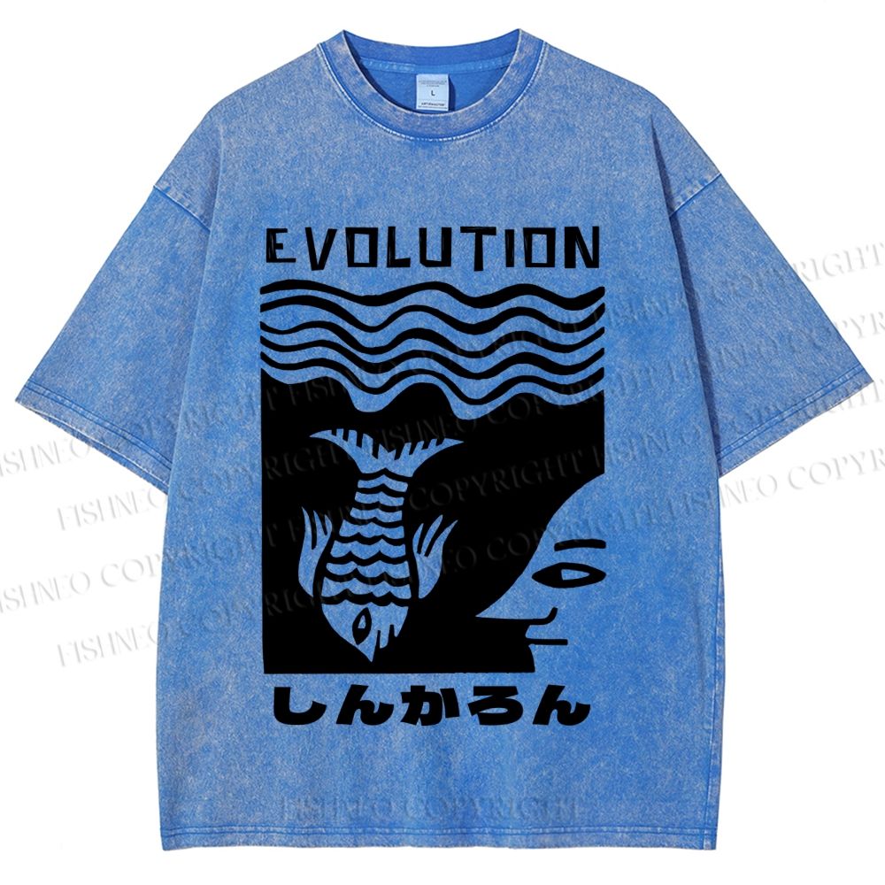 Unisex Vintage Japanese Fish Man Evolution Printed Washed Tee