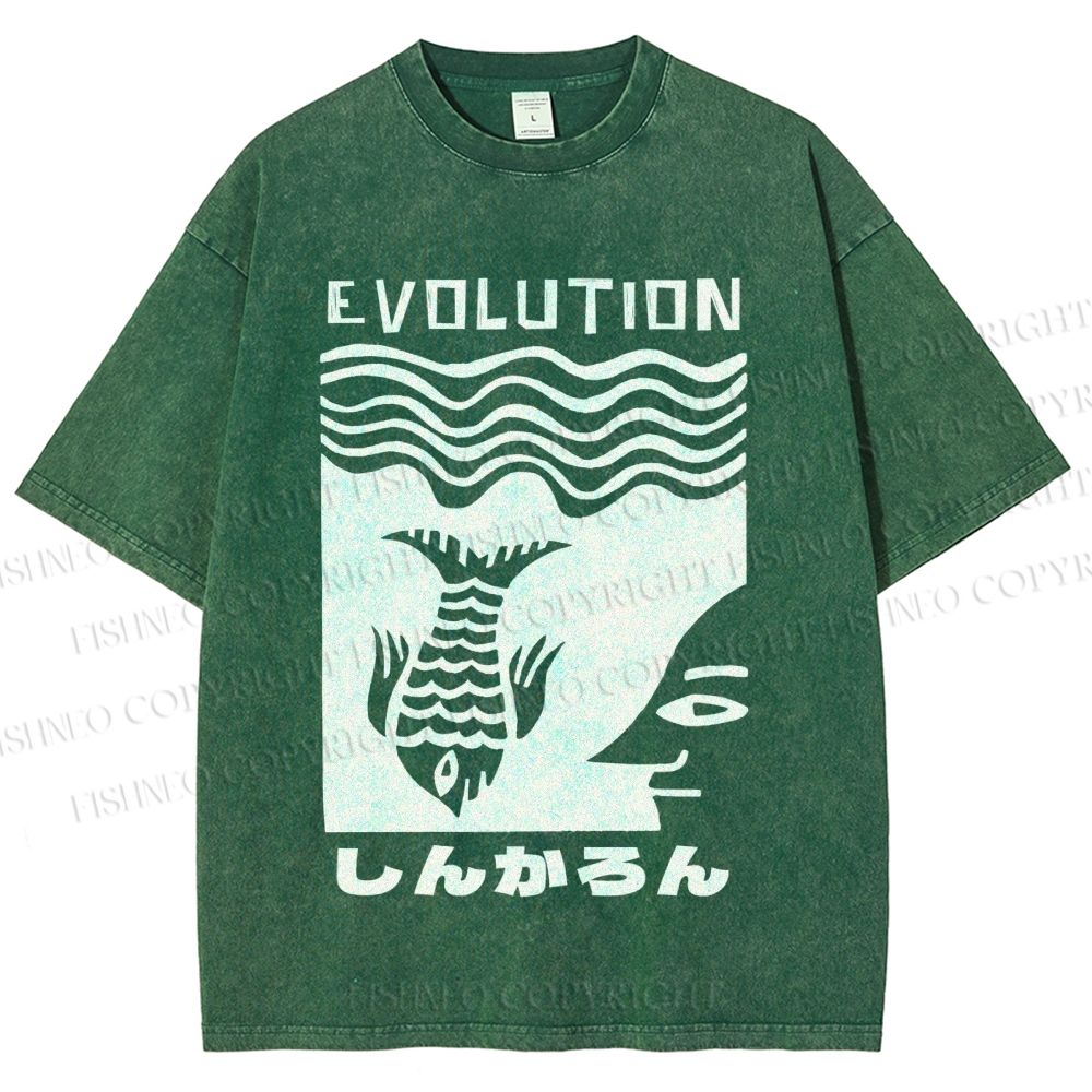 Unisex Vintage Japanese Fish Man Evolution Printed Washed Tee