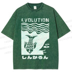 Unisex Vintage Japanese Fish Man Evolution Printed Washed Tee