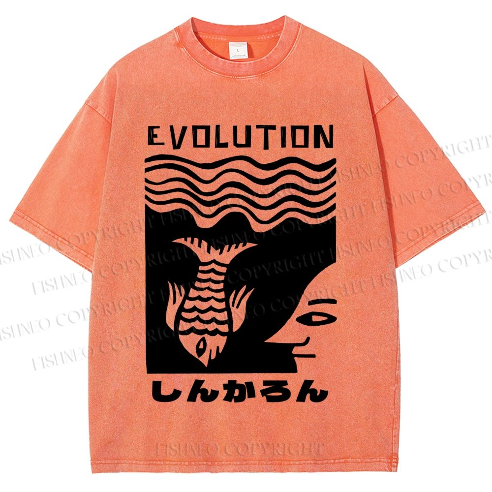 Unisex Vintage Japanese Fish Man Evolution Printed Washed Tee